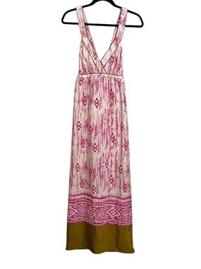 Ann Taylor Loft 100% Silk Pink Brown Crossover V-Neck Boho Beach Maxi Dress